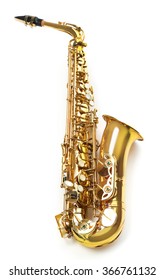 Golden saxophone isolated on white background - Shutterstock ID 366761132