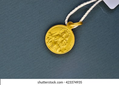 Golden Scapular Pendant Traditionally Given For First Communion Gift. Macro Image.