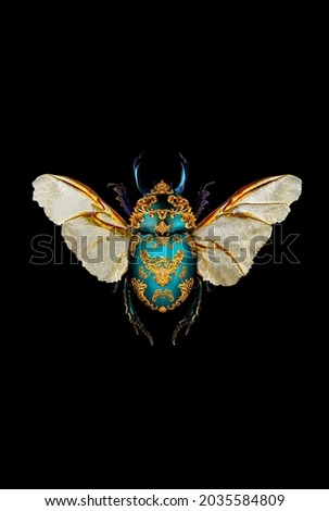 Golden scarab beetle on a black background with gold wings