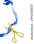 Golden scissors cutting blue silk ribbon isolated over white