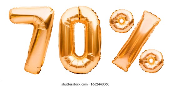 Golden seventy percent sign made of inflatable balloons isolated on white. Helium balloons, gold foil numbers. Sale decoration, black friday, discount concept. 70 percent off, advertisement message. - Powered by Shutterstock