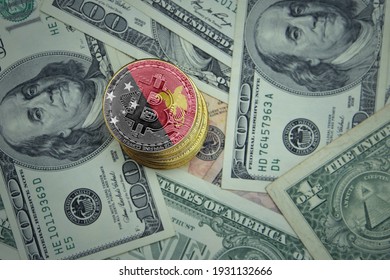 Golden Shining Bitcoins With Flag Of Papua New Guinea On A Dollar Money Background. Bitcoin Mining Concept.