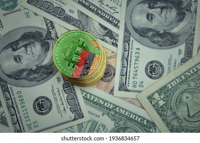 Golden Shining Bitcoins With Flag Of Zambia On A Dollar Money Background. Bitcoin Mining Concept.