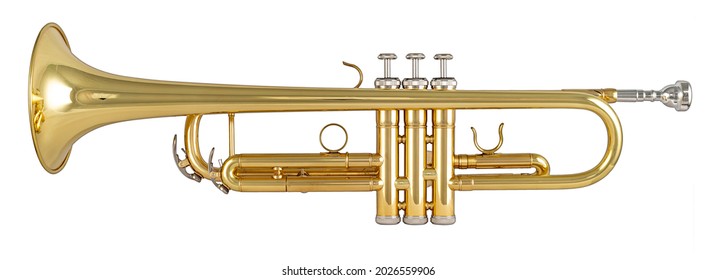 Golden shiny metallic brass trumpet music instrument isolated on white background. musical equipment entertainment orchestra band concept. - Shutterstock ID 2026559906