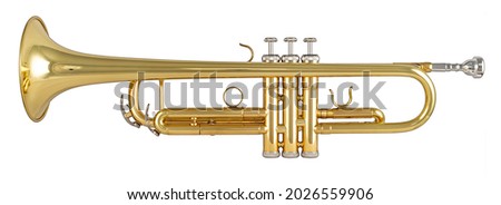 Golden shiny metallic brass trumpet music instrument isolated on white background. musical equipment entertainment orchestra band concept.