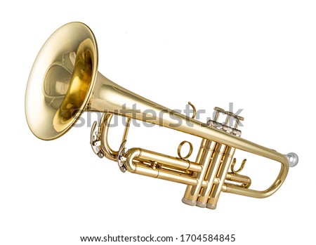 Golden shiny new metallic brass trumpet music instrument isolated on white background. musical equipment entertainment orchestra band concept. Сток-фото © 