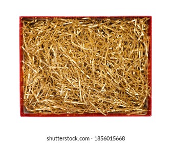  Golden Shredded Paper For Gifting And Stuffing In Cardboard Box. Top View, Clipping Path Included