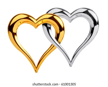 Golden And Silver Heart Isolated On White Background