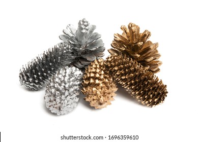 Golden And Silver Pine Cones Isolated On White Background