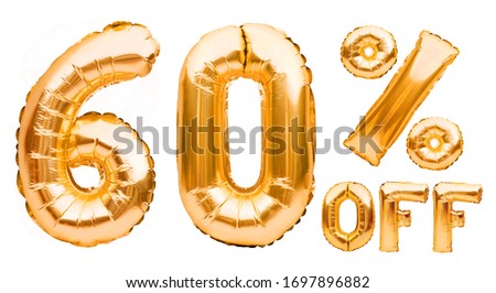 Golden sixty percent sale sign made of inflatable balloons isolated on white. Helium balloons, gold foil numbers. Sale decoration, black friday, discount concept. 60 percent off, advertisement.