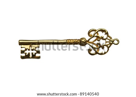 Golden skeleton key isolated on white background