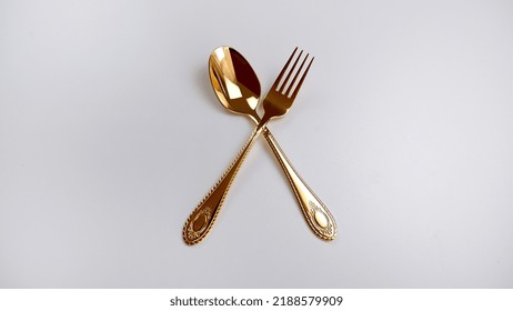 Golden Spoon, Fork And Knife Isolated Dinner Service Set Background