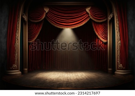 A golden stage view with a loop light and red curtains