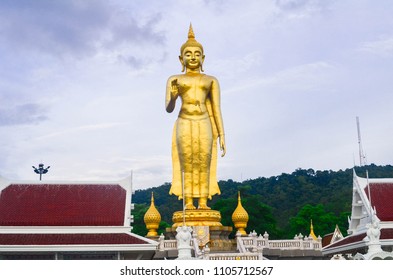 Golden standing Buddha statue in Thailand.