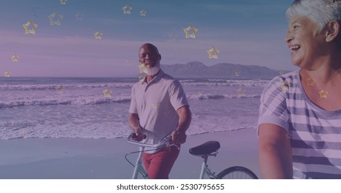 Golden star icons against african american senior couple with bicycle walking together at the beach. pedal day awareness concept - Powered by Shutterstock