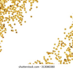 Golden Star Shaped Confetti Frame Isolated On White Background