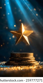 A golden star trophy floats above a shiny base, surrounded by soft glowing lights and shimmering particles, evoking a sense of celebration and achievement.
