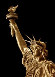 Golden Statue Of Liberty Close Up Isolated Render Black Background, New York City