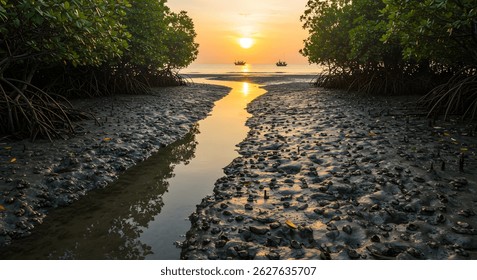 Golden Stillness Over Teluk Awur’s Mangrove Channels at Low Tide, Jepara