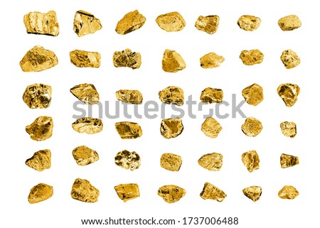 Golden stones set on white background isolated close up, gold nuggets collection, yellow metal rocks samples texture, gold mine, gold ore, group of shiny golden lumps, rough natural mineral gold chunk