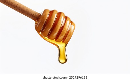 golden stream of viscous honey cascades down a rustic wooden dipper, glistening isolated white background 