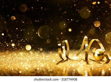 Golden Streamers With Sparkling Glitter - Christmas Holidays Background