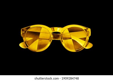 Golden sunglasses black background isolated close up, gold metallic sunglass, shiny yellow metal sun glasses, luxury glamour fashion accessory design, summer beach holidays, night club party style
