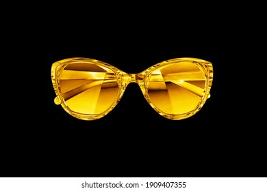 Golden sunglasses black background isolated close up, gold metallic sunglass, shiny yellow metal sun glasses, luxury glamour fashion accessory design, summer beach holidays, night club party style