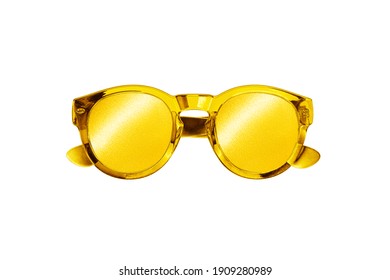 Golden sunglasses white background isolated close up, gold metallic sunglass, shiny yellow metal sun glasses, luxury glamour fashion accessory design, summer beach holidays, night club party style