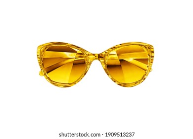 Golden Sunglasses White Background Isolated Close Up, Gold Metallic Sunglass, Shiny Yellow Metal Sun Glasses, Luxury Glamour Fashion Accessory Design, Summer Beach Holidays, Night Club Party Style