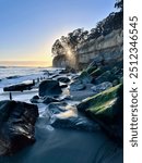 Golden sunlight filters through eucalyptus trees atop rugged coastal cliffs, casting a warm glow over a beach strewn with large, mossy boulders. Gentle waves lap against the rocky shore.