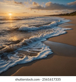 Golden sunlight kisses the horizon, casting soft hues of pink and orange over the calm sea. Gentle waves roll onto the sandy shore, their rhythm a soothing serenade to the waking world.






 - Powered by Shutterstock