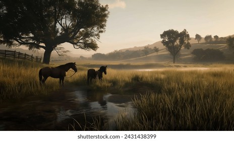 Golden Sunrise Over Pastoral Scene with Horses by the Water - Powered by Shutterstock