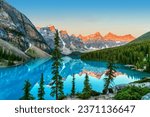 Golden sunrise over the Valley of the Ten Peaks with glacier-fed turquoise-colored Moraine Lake in the foreground near Lake Louise in the Canadian Rockies of Banff National Park.