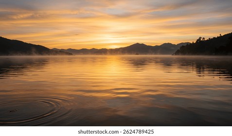 Golden Sunrise Reflections on Danau Toba’s Calm Waters in Sumatra Utara