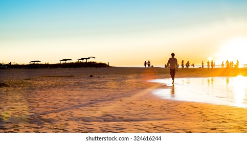 Golden Sunset Beach Australia Silhouette People Man Boat Summer