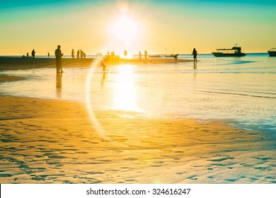 Golden Sunset Beach Australia Silhouette People Man Boat Summer