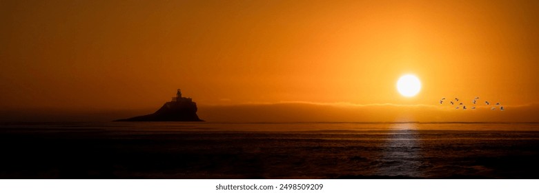 Golden Sunset Lighthouse Scene with Flying Birds Silhouette - Powered by Shutterstock