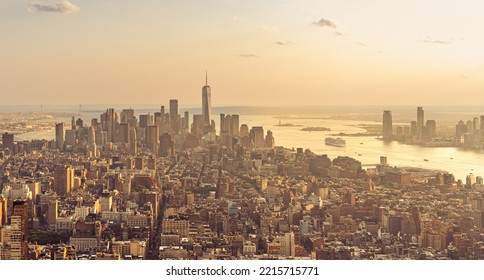 Golden Sunset Over New York Skyscrapers On Manhattan Island