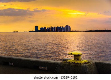 Golden Sunset At Straits Of Johor, Close To Malaysia-Singapore Second Link, Singapore.