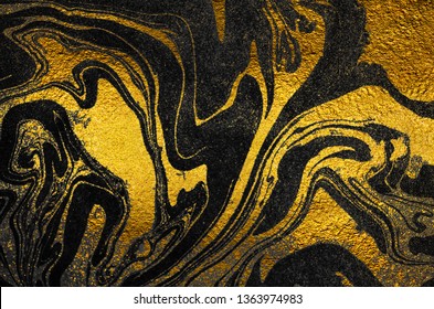 Golden Swirl, Artistic Design. Suminagashi – The Ancient Art Of Japanese Marbling. Paper Marbling Is A Method Of Aqueous Surface Design. Black And Gold Paper Texture. 