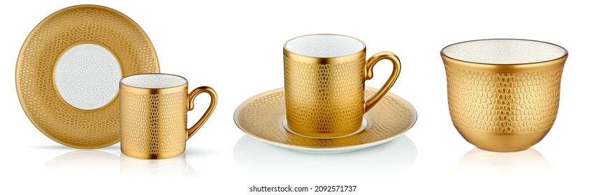 Golden Teapot set, Teacup set on white background, Golden Teapot set, Golden teacup set