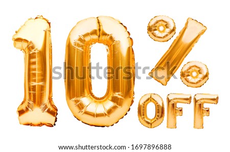 Golden ten percent sale sign made of inflatable balloons isolated on white. Helium balloons, gold foil numbers. Sale decoration, black friday, discount concept. 10 percent off, advertisement message.