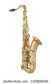 Golden tenor saxophone isolated on white background. - Shutterstock ID 1102828430