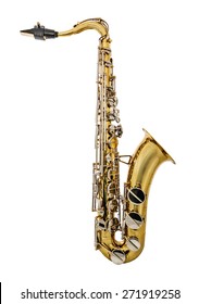 Golden Tenor Saxophone isolated on white background. Golden Tenor Sax with silver keys or buttons. Mouthpiece with reed. - Shutterstock ID 271919258