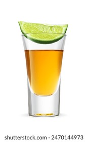 Golden tequila shot with green lime wedge on isolated on white background.