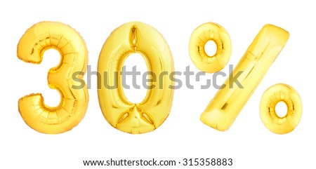 Golden thirty percent made of inflatable balloons isolated on white background. One of full percent set
