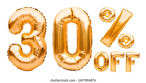 Golden thirty percent sale sign made of inflatable balloons isolated on white. Helium balloons, gold foil numbers. Sale decoration, black friday, discount concept. 30 percent off, advertisement. - Powered by Shutterstock