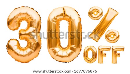 Golden thirty percent sale sign made of inflatable balloons isolated on white. Helium balloons, gold foil numbers. Sale decoration, black friday, discount concept. 30 percent off, advertisement.
