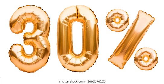 Golden thirty percent sign made of inflatable balloons isolated on white. Helium balloons, gold foil numbers. Sale decoration, black friday, discount concept. 30 percent off, advertisement message. - Powered by Shutterstock